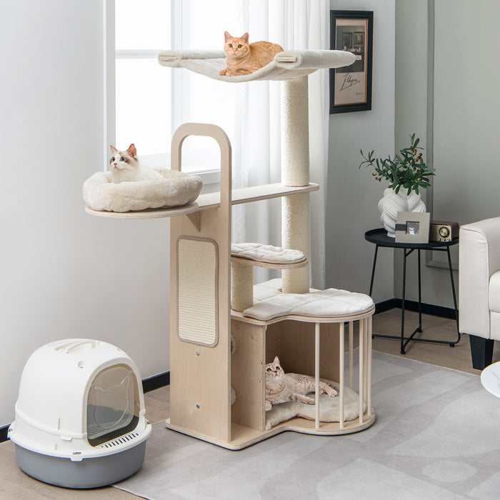 Cat Tree Tower with Hammock Condo - Integrated Sisal Scratching Posts, Natural Design - Ideal for Climbing, Lounging & Play Needs of Tall Cats