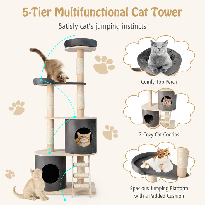 Cat Haven - Multi-level Cat Furniture with 2 Cozy Condos in Stylish Grey - Perfect Hideaway and Playground Solution for Indoor Cats