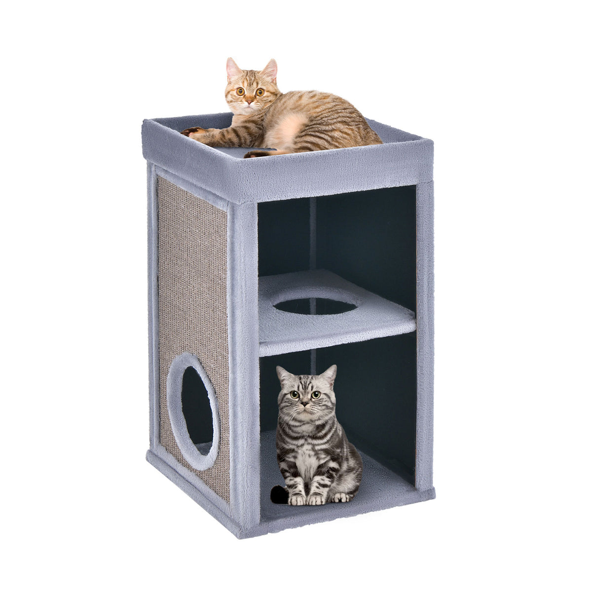 2-Tier Cat House with Scratchboards - Multi-Level Grey Cat Haven with Built-In Sisal Scratch Boards - Perfect Solution for Keeping Your Cat Entertained and Your Furniture Safe