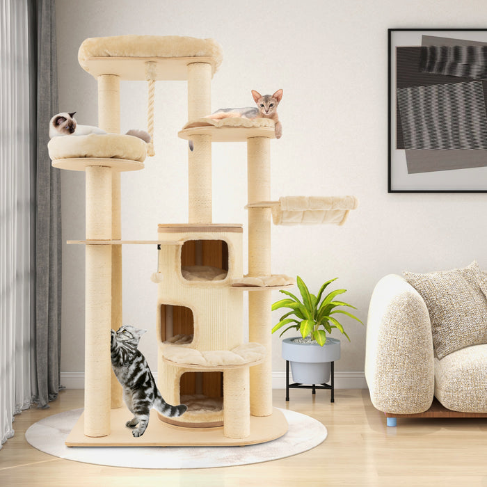 Wooden 3-Story Cat Tower - Beige Cat Condo Design - Perfect Solution for Indoor Cats that Need Activity and Relaxation Space