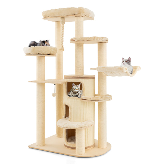 Wooden 3-Story Cat Tower - Beige Cat Condo Design - Perfect Solution for Indoor Cats that Need Activity and Relaxation Space