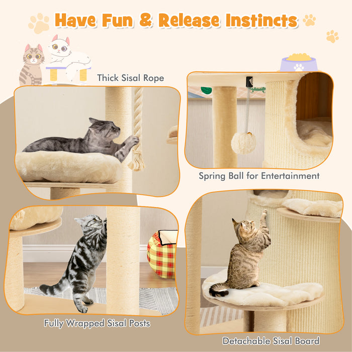 Wooden 3-Story Cat Tower - Beige Cat Condo Design - Perfect Solution for Indoor Cats that Need Activity and Relaxation Space