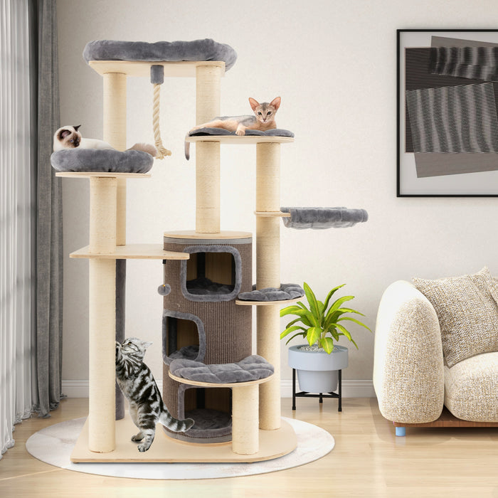 Wooden 3-Story Cat Tower - Beige Cat Condo Design - Perfect Solution for Indoor Cats that Need Activity and Relaxation Space