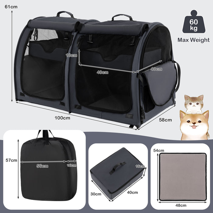 Pet Gear - 2 Compartments Pet Car Carrier with Removable Hammocks and Mats in Black - Ideal for Traveling with Pets