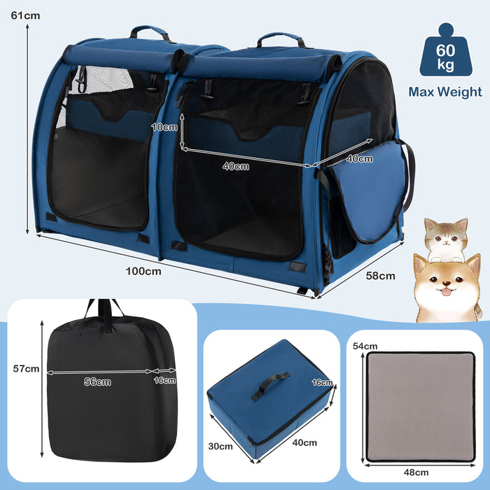 Pet Gear - 2 Compartments Pet Car Carrier with Removable Hammocks and Mats in Black - Ideal for Traveling with Pets