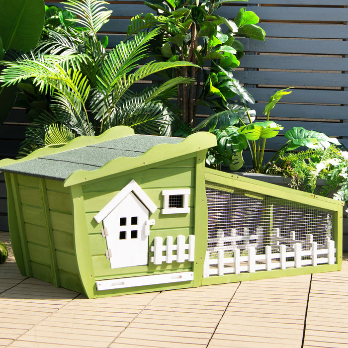 Rabbit Hutch - Wooden and Green with Asphalt Roof, Removable Tray - Perfect Outdoor Shelter for Pet Rabbits