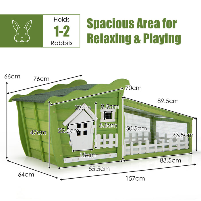 Rabbit Hutch - Wooden and Green with Asphalt Roof, Removable Tray - Perfect Outdoor Shelter for Pet Rabbits