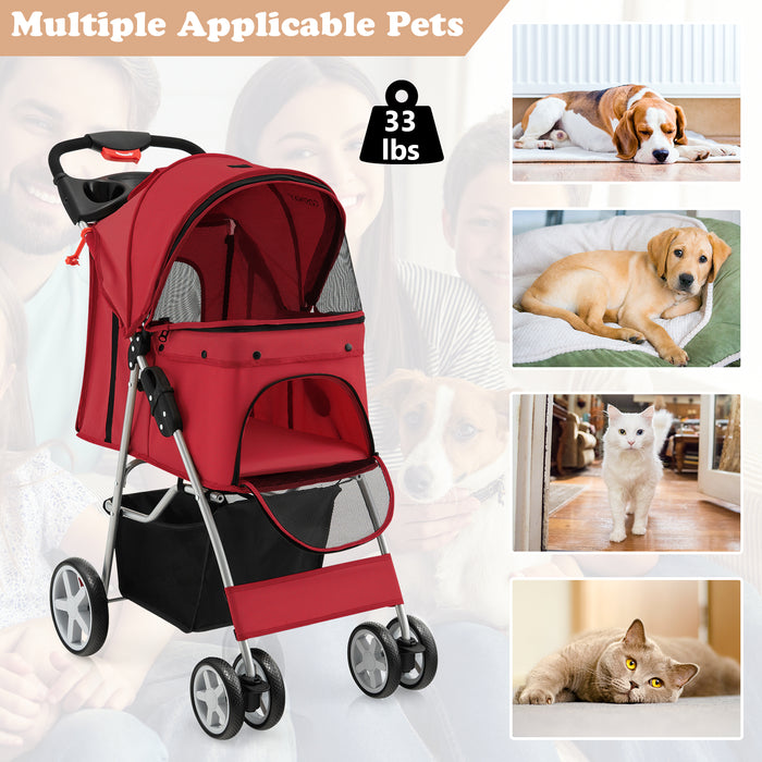 Pet Gear - 4-Wheel Foldable Pet Stroller with Storage Basket and Adjustable Canopy in Beige - Ideal for Outdoor Walks and Travel with Small to Medium Pets