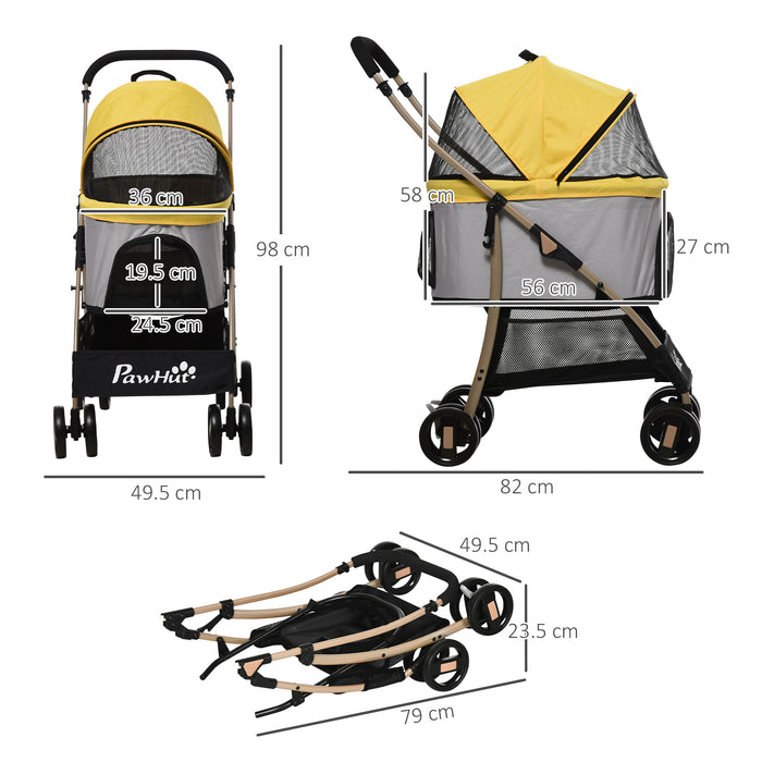 Detachable 3-in-1 Pet Stroller - Foldable Dog and Cat Travel Carriage with Universal Wheel Brake, Canopy, and Storage Basket - Convenient Transportation for Pets, Yellow