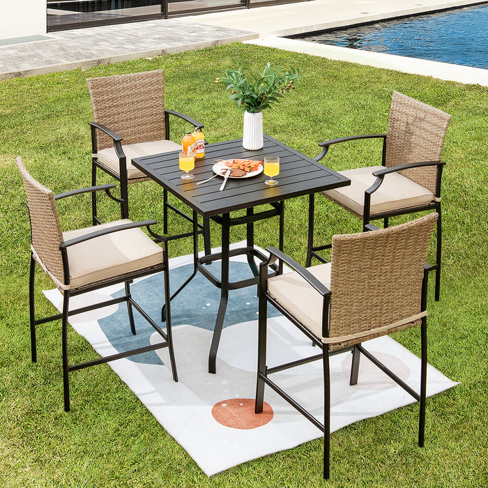 Rattan Patio Bar Stools - Set of 4 with Soft Cushions and High Backrest - Ideal for Outdoor Entertaining and Comfort Seating