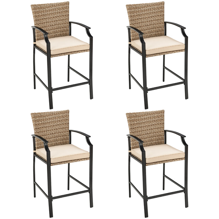 Rattan Patio Bar Stools - Set of 4 with Soft Cushions and High Backrest - Ideal for Outdoor Entertaining and Comfort Seating