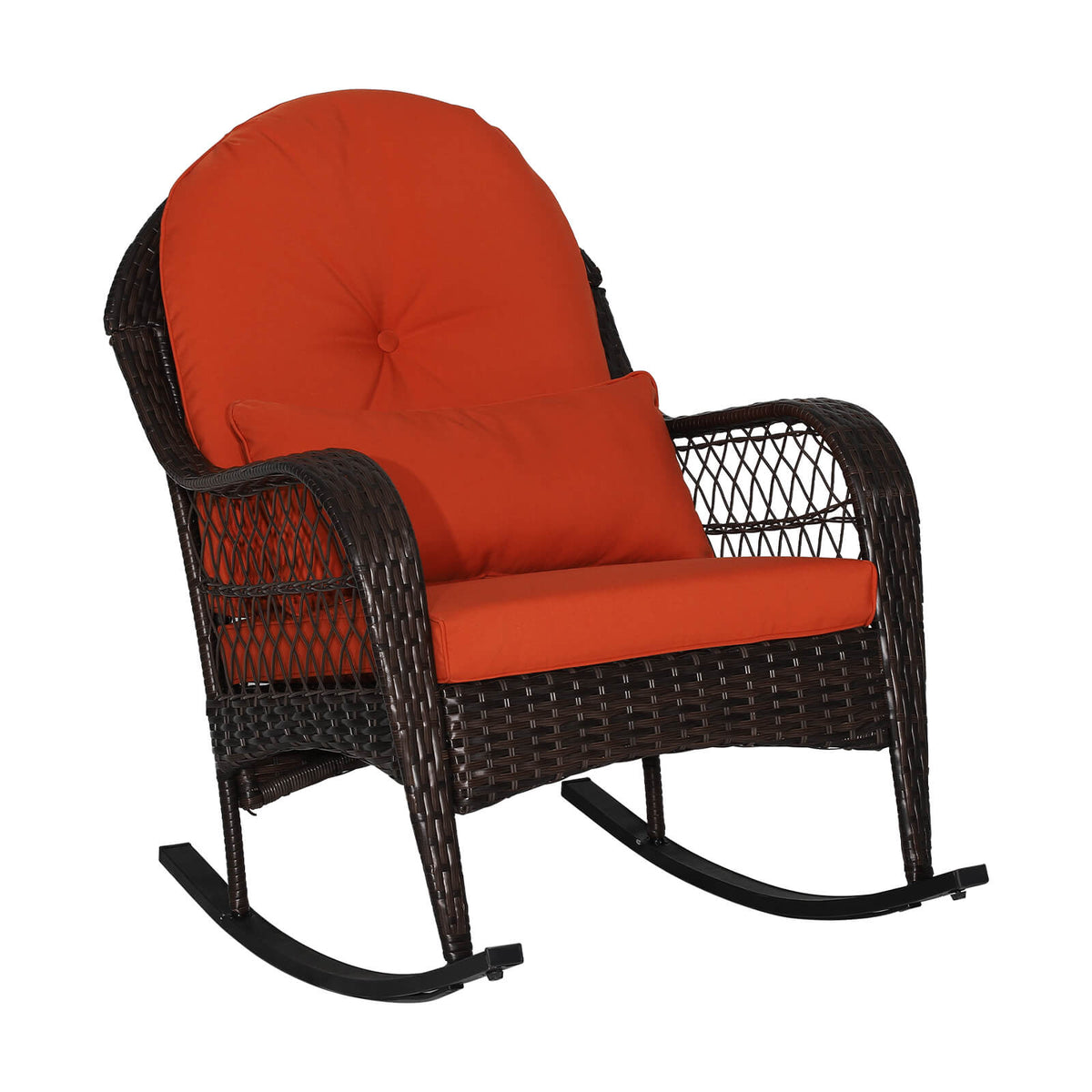 Rattan Patio Rocking Chair - With Seat Back Cushions and Waist Pillow, Sturdy, Comfortable Design - Perfect for Outdoor Relaxation, Solves Back Support Issues