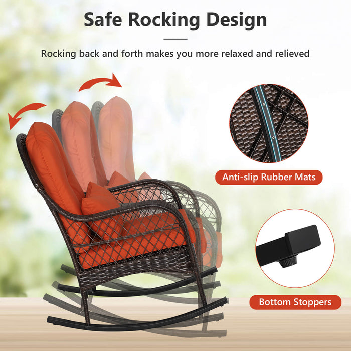 Rattan Patio Rocking Chair - With Seat Back Cushions and Waist Pillow, Sturdy, Comfortable Design - Perfect for Outdoor Relaxation, Solves Back Support Issues