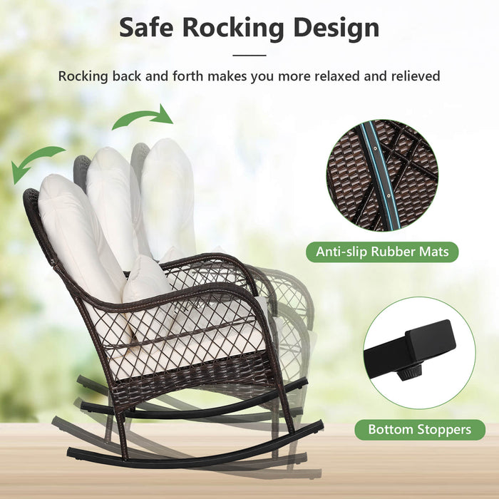Rattan Patio Rocking Chair - With Seat Back Cushions and Waist Pillow, Sturdy, Comfortable Design - Perfect for Outdoor Relaxation, Solves Back Support Issues