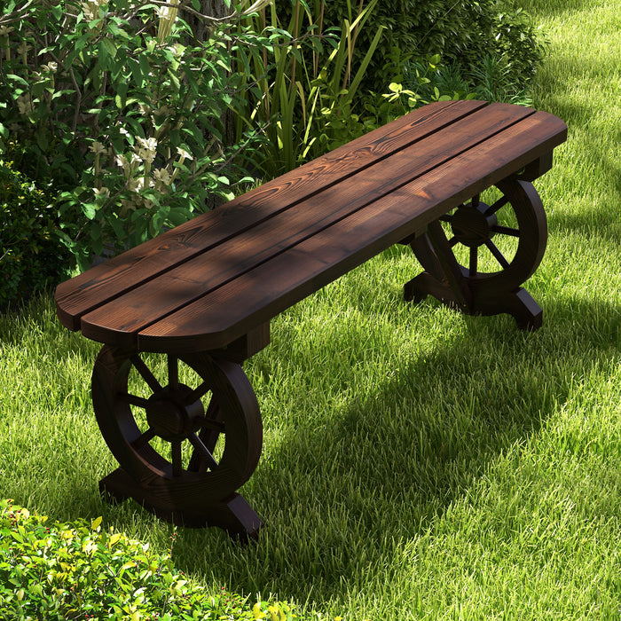 Wooden 2-Seat Patio Bench with Wagon Wheel Base - Outdoor Furniture with Slatted Seat Design - Ideal for Garden and Patio Relaxation Space