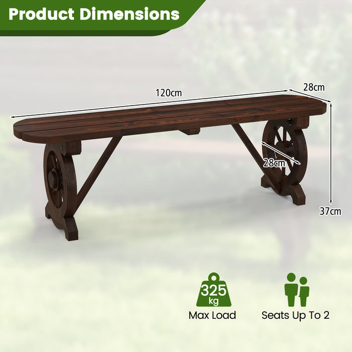 Wooden 2-Seat Patio Bench with Wagon Wheel Base - Outdoor Furniture with Slatted Seat Design - Ideal for Garden and Patio Relaxation Space