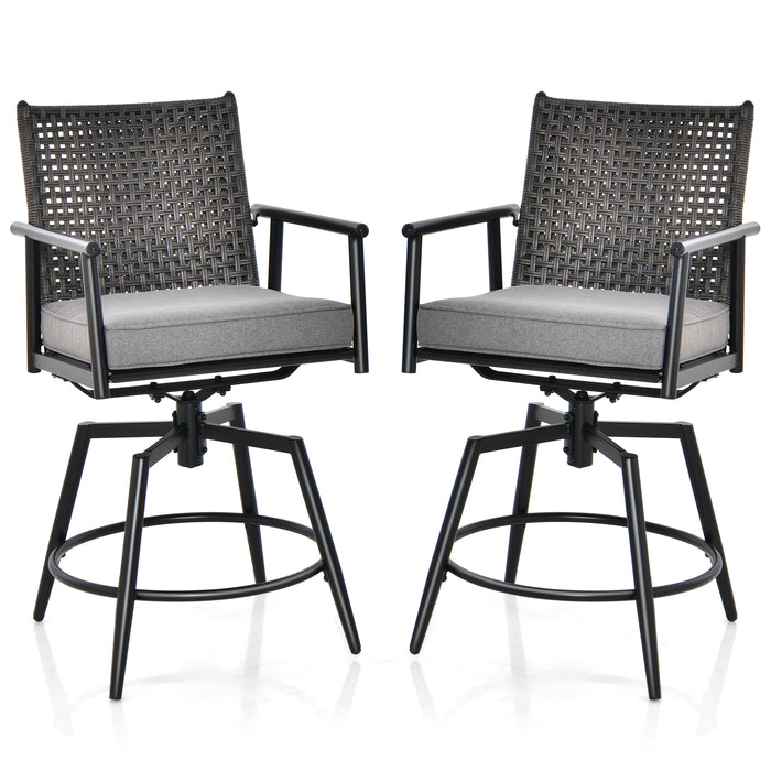Set of 2 Patio Swivel Bar Stools - PE Rattan Back and Black Metal Frame - Ideal for Outdoor Entertaining and Relaxation