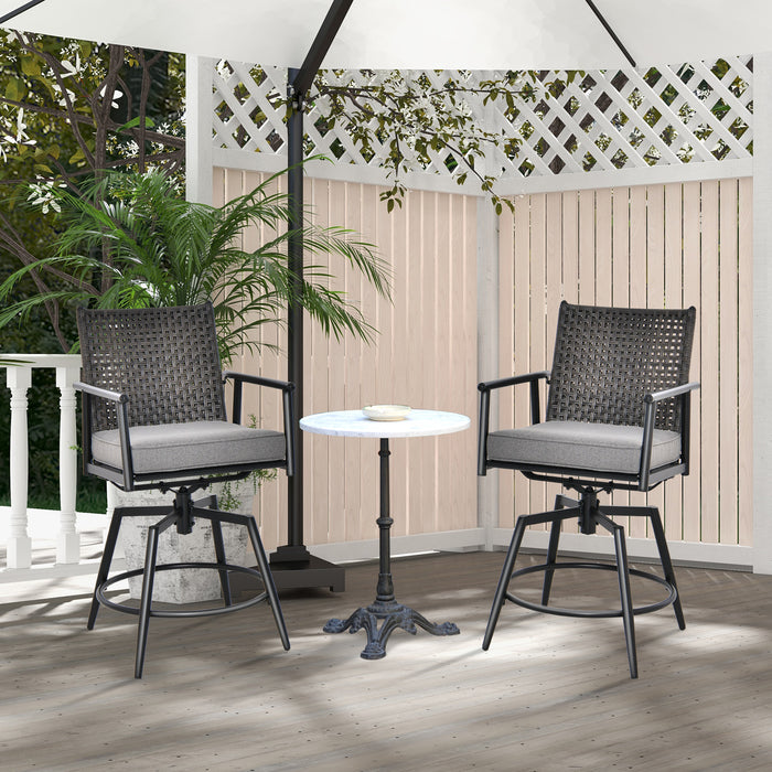 Set of 2 Patio Swivel Bar Stools - PE Rattan Back and Black Metal Frame - Ideal for Outdoor Entertaining and Relaxation