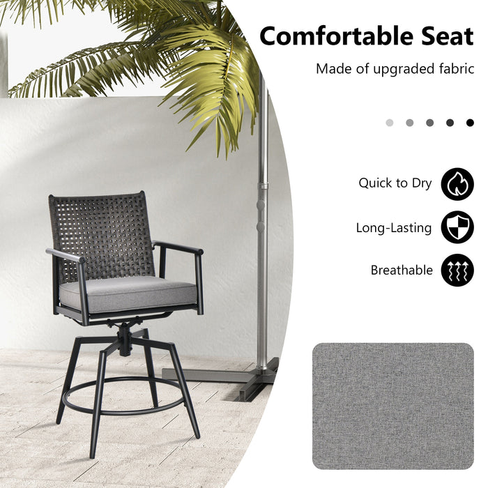 Set of 2 Patio Swivel Bar Stools - PE Rattan Back and Black Metal Frame - Ideal for Outdoor Entertaining and Relaxation