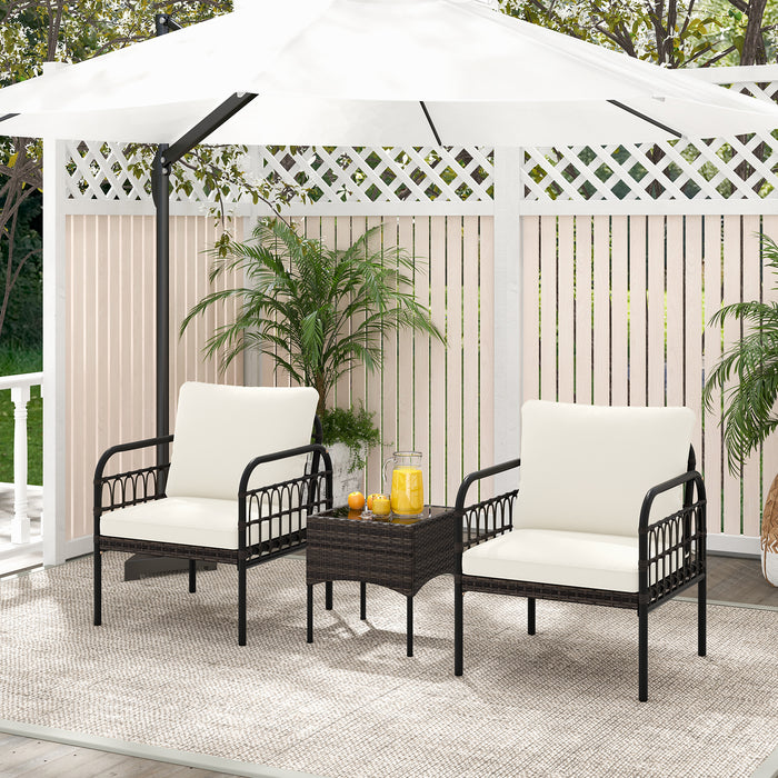 3 Piece Wicker Patio Set - Includes Cushioned Chairs & Tempered Glass Coffee Table - Ideal for Outdoor Relaxation and Entertaining