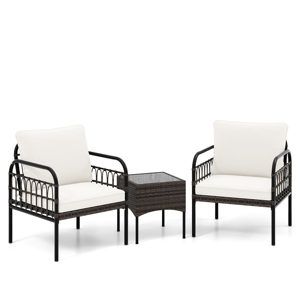 3 Piece Wicker Patio Set - Includes Cushioned Chairs & Tempered Glass Coffee Table - Ideal for Outdoor Relaxation and Entertaining