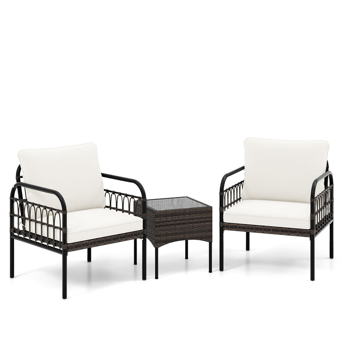 3 Piece Wicker Patio Set - Includes Cushioned Chairs & Tempered Glass Coffee Table - Ideal for Outdoor Relaxation and Entertaining