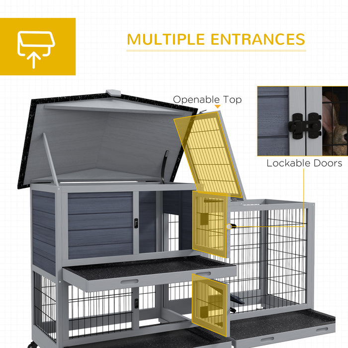 Portable Bunny Haven with Wheeled Base - Outdoor Indoor Rabbit Hutch with Play Run, Easy Clean Slide-Out Trays, and Access Ramp - Durable Grey Habitat for Pet Rabbits and Small Animals