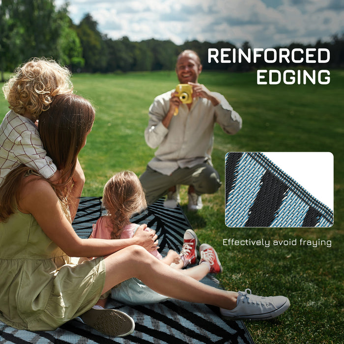 Reversible Blue and Black Plastic Straw Rug for RV Use - Durable Outdoor Mat 6x9 Feet with Portable Carry Bag - Ideal for Campers & Patio Decor