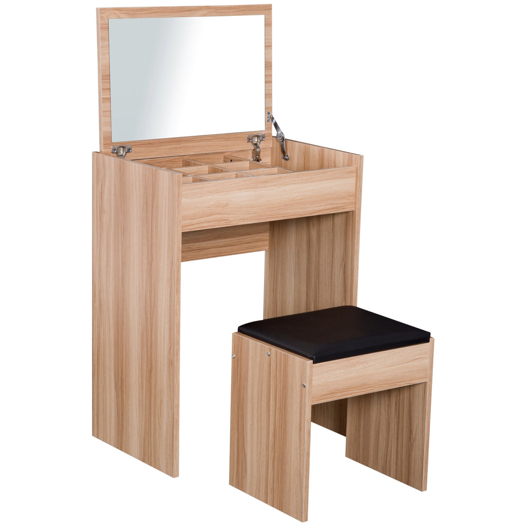 Wood Grain Dressing Table Set with Padded Stool - Flip-up Mirror Dresser for Stylish Bedroom Organization - Ideal for Makeup and Jewelry Storage