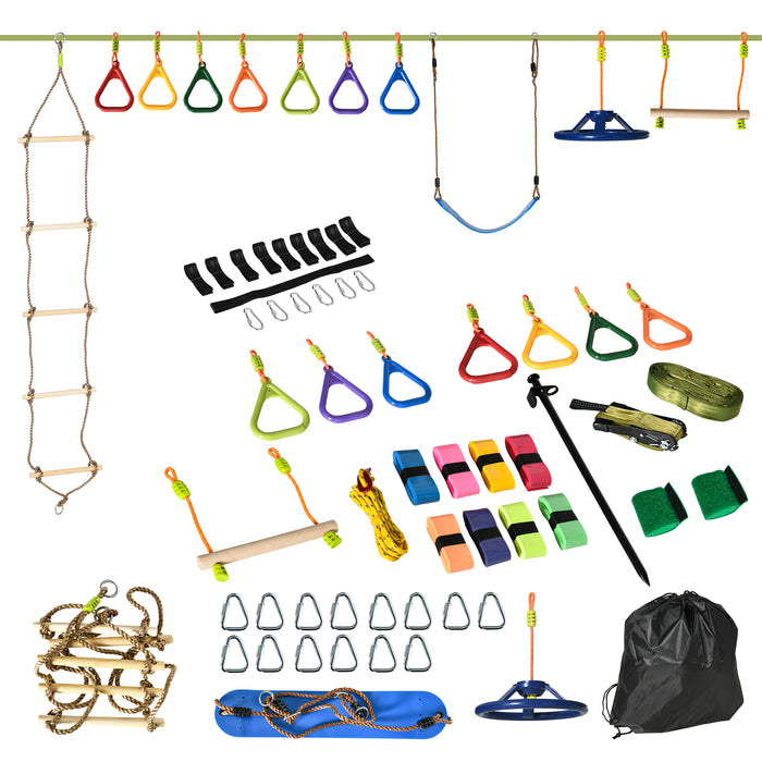 Kids Ninja Warrior Obstacle Course - 42.6 FT Slackline Training Kit with Monkey Bars, Rope Ladder, Swing, Gym Rings - Outdoor Play & Exercise for Children