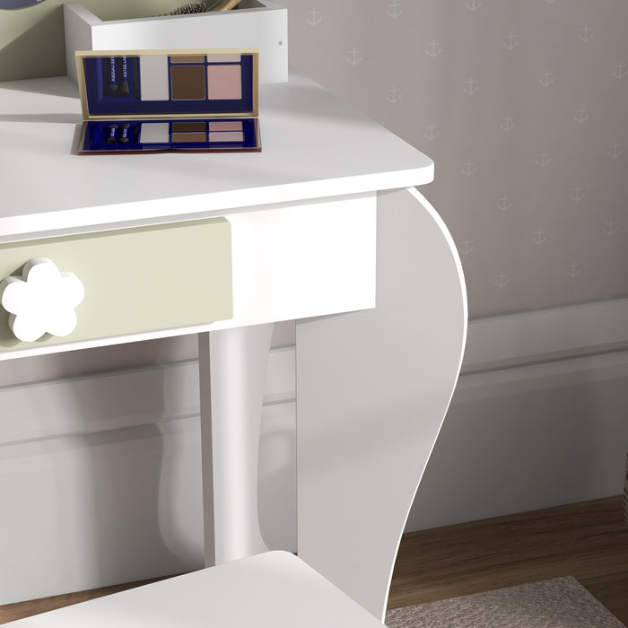 Kids Flower Vanity Set - Mirror, Stool, Drawer & Storage Boxes for Beauty Play - Perfect for Ages 3-6, White Design