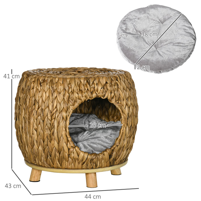 Rattan Kitten Bed Stool - Wicker Cat Cave with Soft Washable Cushion for Cozy Naps - Perfect for Outdoor & Indoor Pet Relaxation, 44x43x41cm