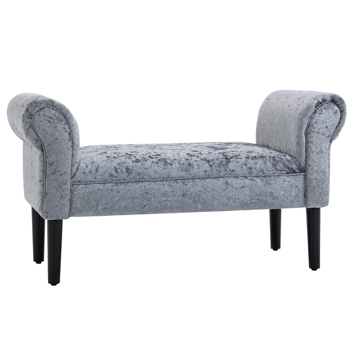 Velvet Fabric Bed End Bench with Sponge Cushion - Ice Crush Upholstery and Silver-Grey Tone, Armrests Included - Elegant Bedroom Accent Furniture