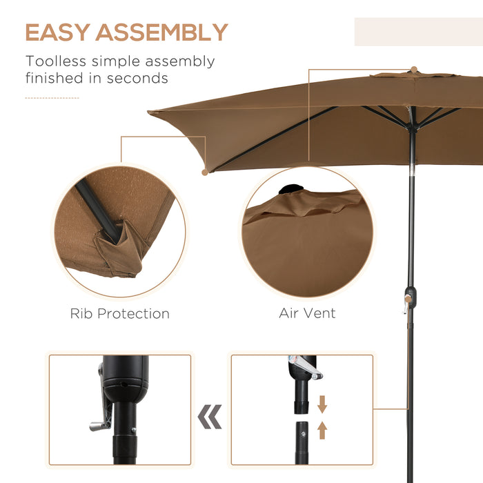 Rectangular Garden Parasol Umbrella 3x2m with Tilt Function - Outdoor Sun Shade Canopy, Aluminium Frame, and Crank Mechanism, Brown - Ideal for Patio, Backyard, or Poolside Relaxation