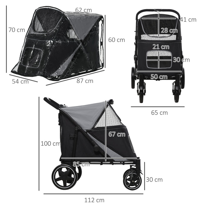 4-Wheel Canine Stroller with Protective Rain Cover - Spacious Mobile Pet Carrier for Medium to Large Dogs - Outdoor Travel Ease for Animal Lovers