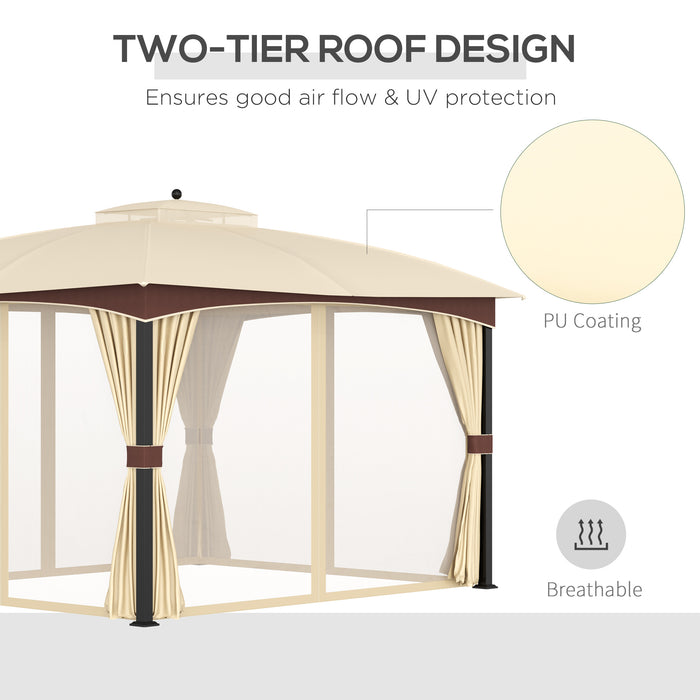 4 x 3m Patio Gazebo - Double Tier Roof Garden Canopy Shelter with Removable Netting and Curtains - Ideal for Lawn and Poolside Relaxation, Khaki Color