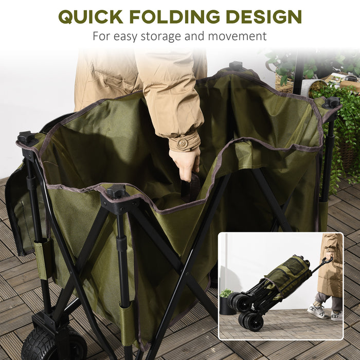 Folding Outdoor Utility Wagon with Wheels - Collapsible Garden & Camping Cart, Durable Steel Frame with Oxford Fabric - Ideal for Yard Work and Outdoor Adventures, Green