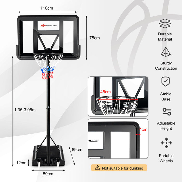 Adjustable Portable Basketball Hoop - 1.35-3.05m Height Range Configuration - Perfect for Players of all Heights and Skill Levels