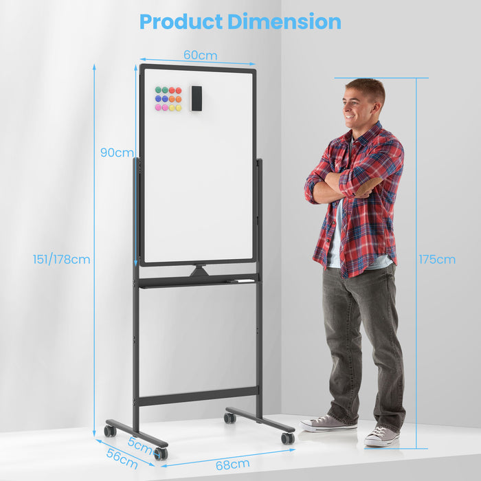 Reversible Rolling White Board with Accessories - White Board, Black Markers, Board Eraser - Ideal for Offices, Schools, Presenters