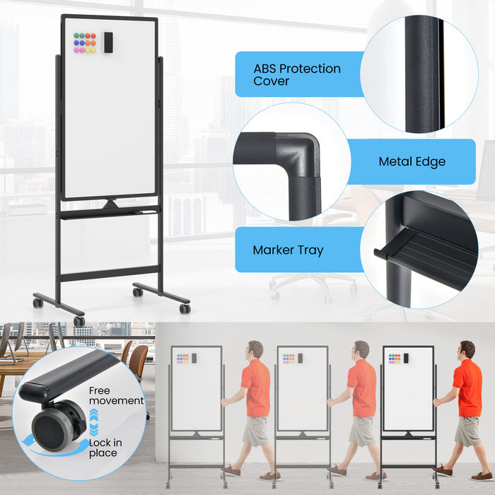 Reversible Rolling White Board with Accessories - White Board, Black Markers, Board Eraser - Ideal for Offices, Schools, Presenters