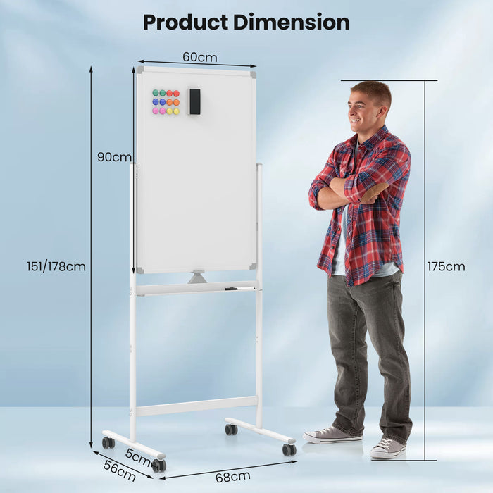 Reversible Rolling White Board with Accessories - White Board, Black Markers, Board Eraser - Ideal for Offices, Schools, Presenters