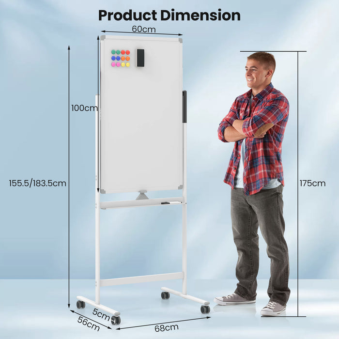 Reversible Rolling White Board with Accessories - White Board, Black Markers, Board Eraser - Ideal for Offices, Schools, Presenters
