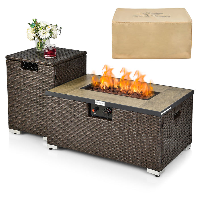 40,000 BTU Propane Fire Pit Table Set - Rattan Design with Side Tank and Cover in Brown - Ideal for Outdoor Heating Solutions