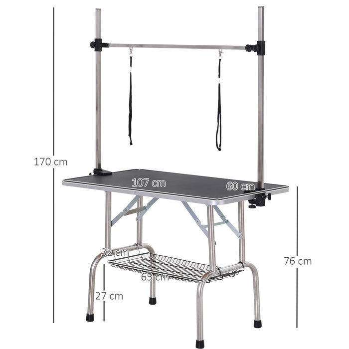Heavy Duty Adjustable Dog Grooming Table with Rubber Surface - Includes 2 Safety Slings and Mesh Storage Basket, 107x60x170cm - Ideal for Safe, Comfortable Pet Grooming