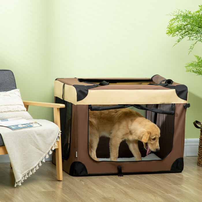Foldable 91cm Animal Transport Crate - Comfy Cushioned Pet Carrier for Medium Dogs and Cats - Travel-Friendly in Stylish Brown