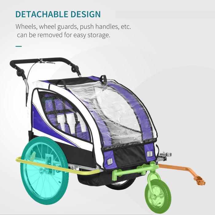 Kids Fun-Express Bike Trailer - 360° Rotatable Dual Child Bicycle Carrier with Durable Steel Frame & LED Lights, Purple - Ideal for Active Families & Outdoor Adventures
