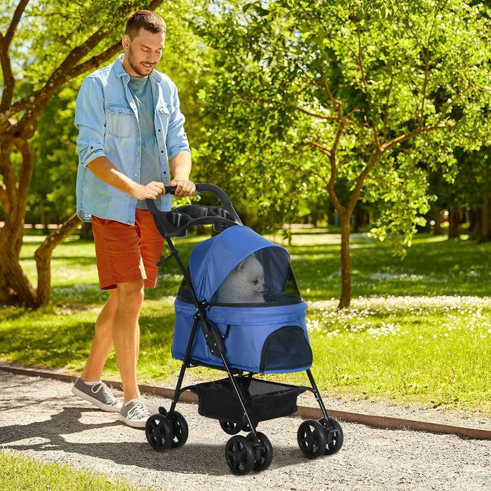Pet Stroller - Dog & Cat Travel Pushchair with One-Click Folding, EVA Wheels, Brake System, and Adjustable Canopy - Safe and Comfortable Blue Trolley for Pet Jogging and Transport