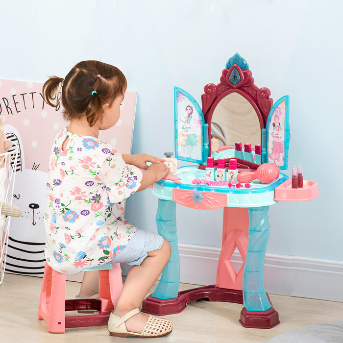 Magic Princess Mirror Dressing Table Playset - 31 PCS Musical Vanity with Light-Up Beauty Mirror and Accessories - Ideal for Kids Ages 3-6, Blue and Pink Pretend Play Toy
