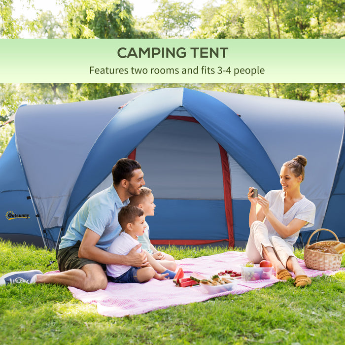 Dome Camping Tent for 3-4 Persons - 2-Room Structure with Dual Entrances, UV-Resistant and Portable - Ideal for Fishing & Hiking Adventures, Blue