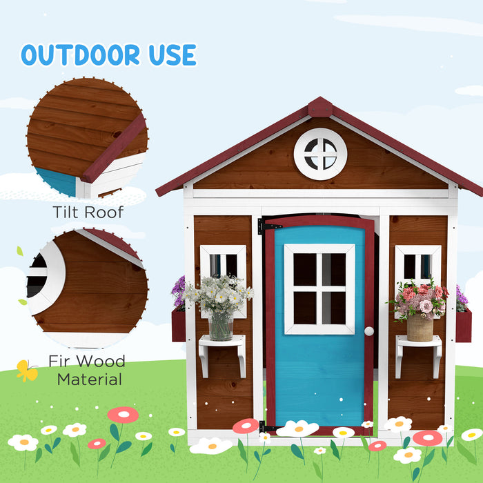 Wooden Playhouse for Kids - Interactive Features with Doors, Windows, & Plant Pots - Ideal for Children Aged 3-8 Years, Dark Brown